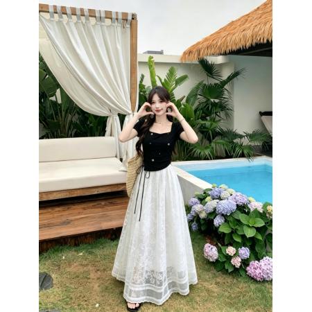大码女装夏季新款胖mm法式复古短袖蕾丝拼接假两件连衣裙 服裝批發女裝批發服飾貨源