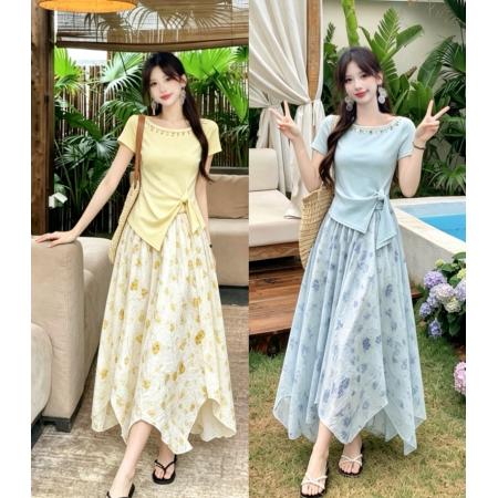 大码女装夏季新款短袖法式温柔风上衣+碎花半身裙两件套 服裝批發女裝批發服飾貨源