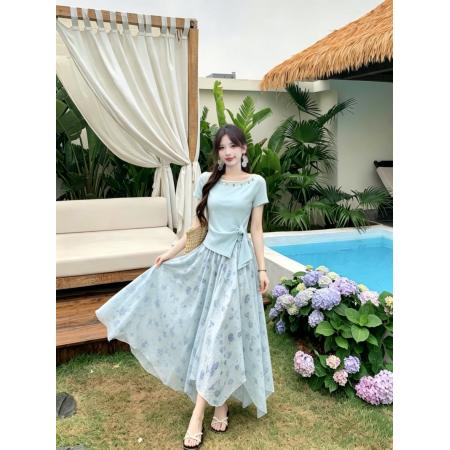 大码女装夏季新款短袖法式温柔风上衣+碎花半身裙两件套 服裝批發女裝批發服飾貨源