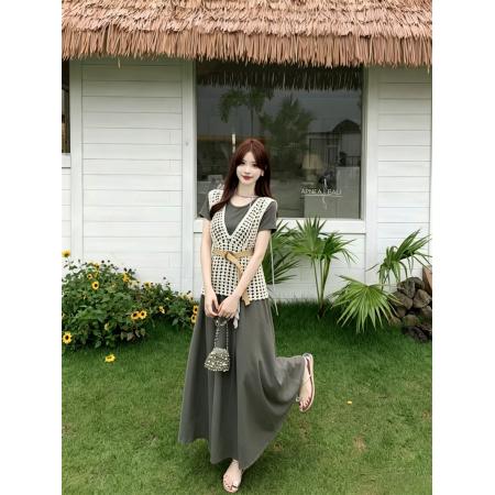 大码夏季新款胖MM慵懒风针织镂空罩衫背心短袖连衣裙两件套 服裝批發女裝批發服飾貨源
