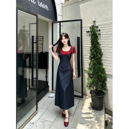 大码夏季新款胖MM复古方领修身显瘦背心裙+短袖T恤两件套 服裝批發女裝批發服飾貨源