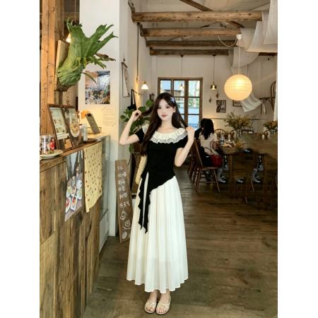 BY19978# 大码女装夏短袖甜美荷叶边领设计修身上衣+半身裙两件套 服裝批發女裝批發服飾貨源