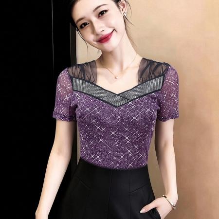 夏季新款短袖交叉V领网纱印花上衣女闪亮烫钻工艺优雅高弹柔软T恤 服裝批發女裝批發服飾貨源