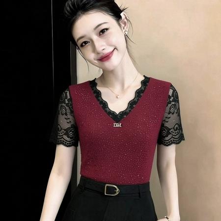 夏季新款短袖v领时尚套头t恤女洋气烫钻休闲气质收腰弹力面料上衣 服裝批發女裝批發服飾貨源