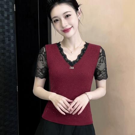 夏季新款短袖v领时尚套头t恤女洋气烫钻休闲气质收腰弹力面料上衣 服裝批發女裝批發服飾貨源