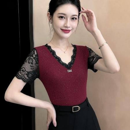 夏季新款短袖v领时尚套头t恤女洋气烫钻休闲气质收腰弹力面料上衣 服裝批發女裝批發服飾貨源