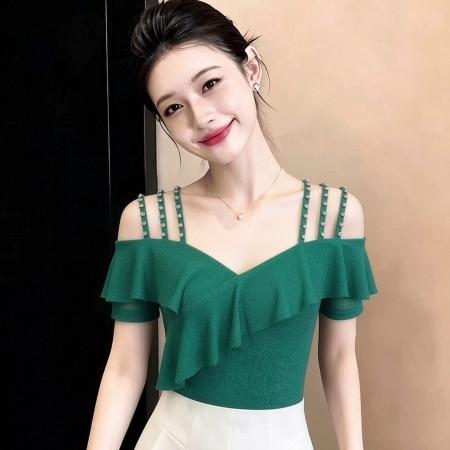 夏季新款短袖套头V领优雅荷叶边上衣女时尚显瘦收腰日常穿搭t恤 服裝批發女裝批發服飾貨源