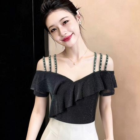 夏季新款短袖套头V领优雅荷叶边上衣女时尚显瘦收腰日常穿搭t恤 服裝批發女裝批發服飾貨源