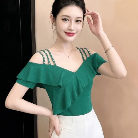夏季新款短袖套头V领优雅荷叶边上衣女时尚显瘦收腰日常穿搭t恤 服裝批發女裝批發服飾貨源