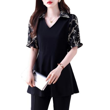 夏季新款拼接短袖衬衫女收腰遮肚子上衣中长款裙摆小衫 服裝批發女裝批發服飾貨源