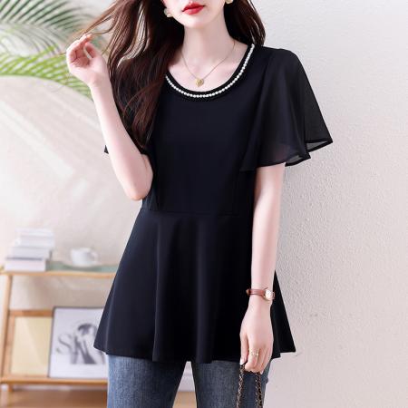 大码女装夏季珍珠园领新款微胖mm高级感显瘦衬衣百搭遮肚上衣 服裝批發女裝批發服飾貨源