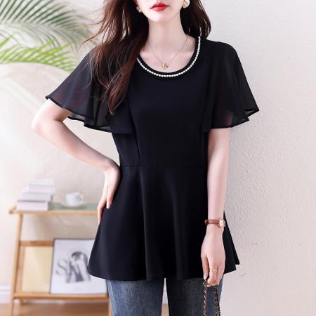 大码女装夏季珍珠园领新款微胖mm高级感显瘦衬衣百搭遮肚上衣 服裝批發女裝批發服飾貨源