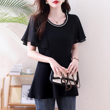 大码女装夏季珍珠园领新款微胖mm高级感显瘦衬衣百搭遮肚上衣 服裝批發女裝批發服飾貨源