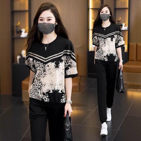 新款大码女装夏季遮肚子显瘦洋气百搭短袖减龄休闲时尚套装 服裝批發女裝批發服飾貨源