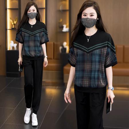 新款大码女装夏季遮肚子显瘦洋气百搭短袖减龄休闲时尚套装 服裝批發女裝批發服飾貨源