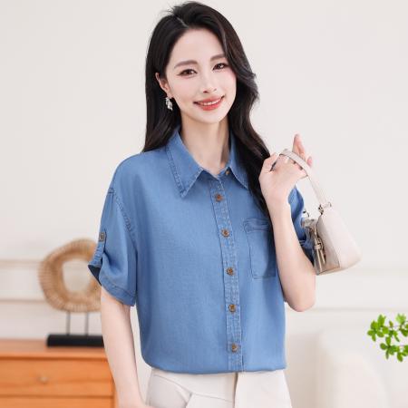 莱赛尔凉感法式牛仔衬衫夏季女装新款宽松短袖衬衣 服裝批發女裝批發服飾貨源