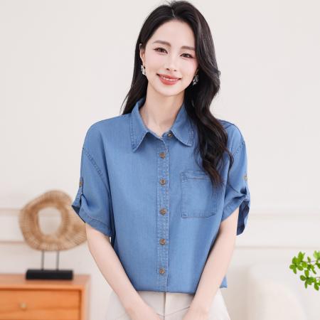 BY19997# 莱赛尔凉感法式牛仔衬衫夏季女装新款宽松短袖衬衣 服裝批發女裝批發服飾貨源
