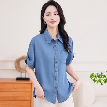 BY19997# 莱赛尔凉感法式牛仔衬衫夏季女装新款宽松短袖衬衣 服裝批發女裝批發服飾貨源