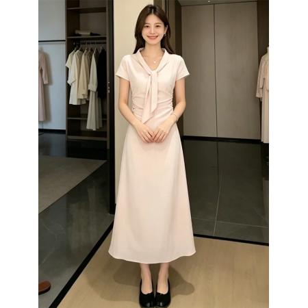 温柔风围巾领短袖连衣裙女夏季新款掐腰显瘦甜美减龄a字裙潮 服裝批發女裝批發服飾貨源