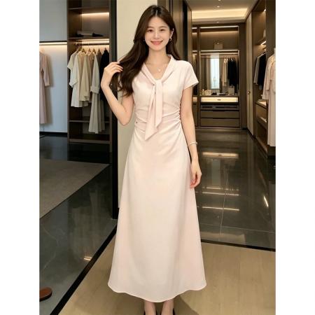 温柔风围巾领短袖连衣裙女夏季新款掐腰显瘦甜美减龄a字裙潮 服裝批發女裝批發服飾貨源