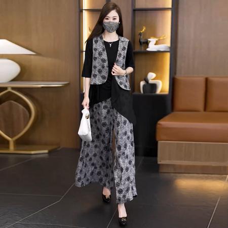 BY20005# 夏新款高级感气质御姐范干练印花三件套职业时尚短袖马夹套装 服裝批發女裝批發服飾貨源