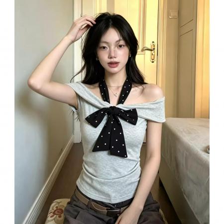 灰度波点韩系气质t恤女夏季新款灰色一字肩短袖修身显瘦上衣 服裝批發女裝批發服飾貨源