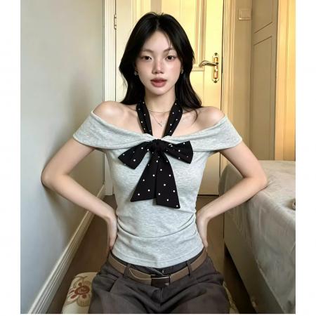 BY20015# 灰度波点韩系气质t恤女夏季新款灰色一字肩短袖修身显瘦上衣 服裝批發女裝批發服飾貨源