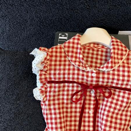 韩系复古红色格子短袖衬衫女夏季新款小个子法式娃娃领漂亮上衣潮 服裝批發女裝批發服飾貨源
