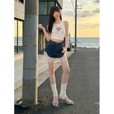小众设计感蕾丝拼接牛仔短裤女夏季爆款高腰别致显瘦裤子 服裝批發女裝批發服飾貨源