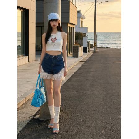 小众设计感蕾丝拼接牛仔短裤女夏季爆款高腰别致显瘦裤子 服裝批發女裝批發服飾貨源