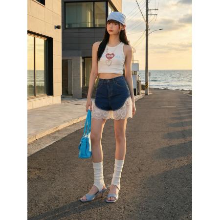 小众设计感蕾丝拼接牛仔短裤女夏季爆款高腰别致显瘦裤子 服裝批發女裝批發服飾貨源