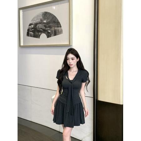 超柔裸肤感系带针织短袖T恤百褶半身裙减龄时尚套装两件套 服裝批發女裝批發服飾貨源