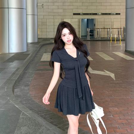 超柔裸肤感系带针织短袖T恤百褶半身裙减龄时尚套装两件套 服裝批發女裝批發服飾貨源