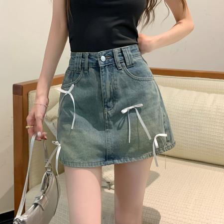 辣妹蝴蝶结绑带牛仔短裙半身裙女复古a字包臀裙子 服裝批發女裝批發服飾貨源