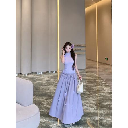紫色花朵针织上衣半身裙套装女夏季穿搭绝美裙子两件套 服裝批發女裝批發服飾貨源