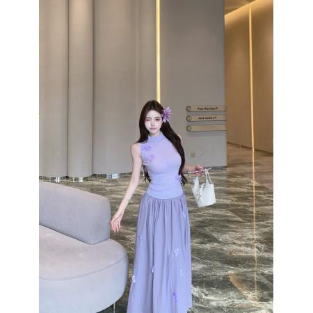 紫色花朵针织上衣半身裙套装女夏季穿搭绝美裙子两件套 服裝批發女裝批發服飾貨源
