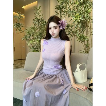 紫色花朵针织上衣半身裙套装女夏季穿搭绝美裙子两件套 服裝批發女裝批發服飾貨源