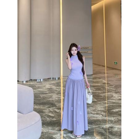紫色花朵针织上衣半身裙套装女夏季穿搭绝美裙子两件套 服裝批發女裝批發服飾貨源