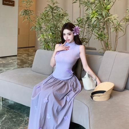 紫色花朵针织上衣半身裙套装女夏季穿搭绝美裙子两件套 服裝批發女裝批發服飾貨源