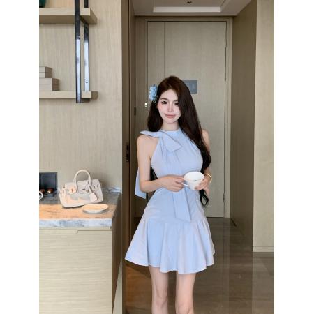 挂脖蝴蝶结无袖连衣裙辣妹收腰露背a字短裙背心裙 服裝批發女裝批發服飾貨源