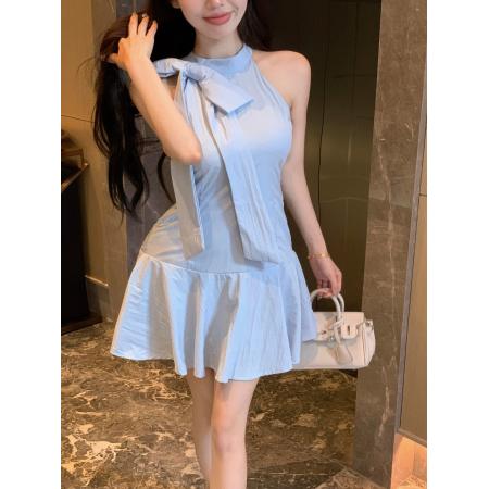 挂脖蝴蝶结无袖连衣裙辣妹收腰露背a字短裙背心裙 服裝批發女裝批發服飾貨源