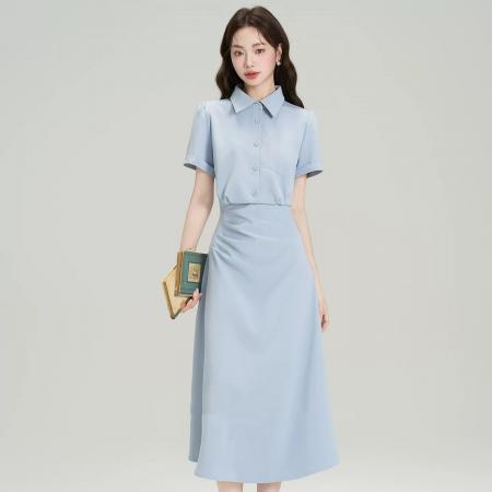 法式polo领掐腰显瘦连衣裙夏季新款教资面试通勤气质衬衫裙 服裝批發女裝批發服飾貨源