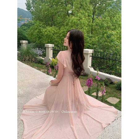 柔光恋夏小众纯欲日系优雅温柔打揽显瘦气质连衣裙小个子长裙 服裝批發女裝批發服飾貨源