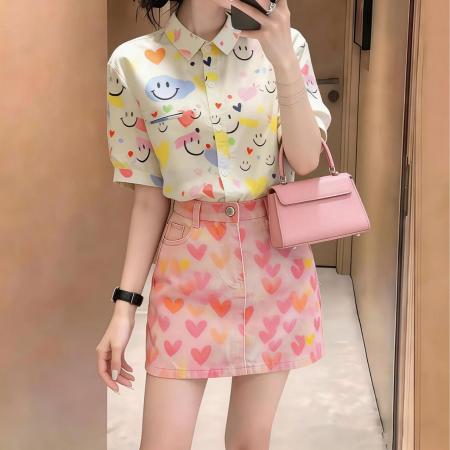 韩版爱心粉色牛仔短裙女装夏季新款洋减龄高腰显瘦包臀半身裙 服裝批發女裝批發服飾貨源