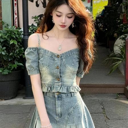 小个子绝美高级感牛仔套装女夏独特减龄一字肩上衣短裙两件套 服裝批發女裝批發服飾貨源