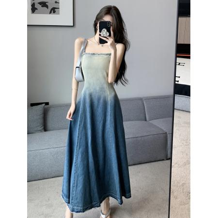 度假复古渐变牛仔吊带连衣裙女辣妹收腰显瘦气质A字长裙 服裝批發女裝批發服飾貨源