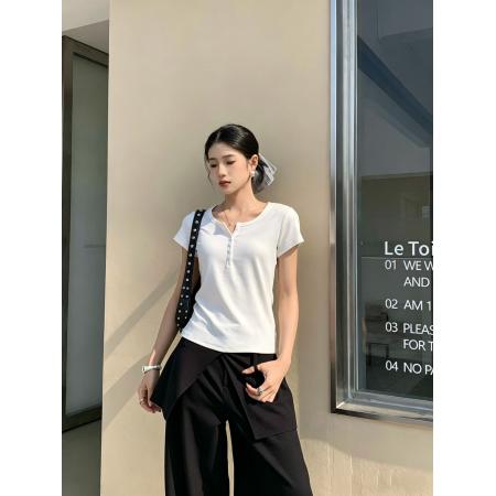 独特好看简约亨利领短袖T恤女正肩显瘦修身百搭打底通勤上衣 服裝批發女裝批發服飾貨源