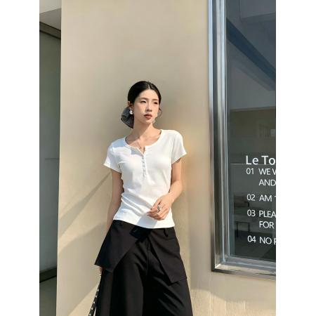 独特好看简约亨利领短袖T恤女正肩显瘦修身百搭打底通勤上衣 服裝批發女裝批發服飾貨源