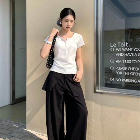 独特好看简约亨利领短袖T恤女正肩显瘦修身百搭打底通勤上衣 服裝批發女裝批發服飾貨源