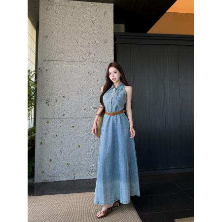 度假休闲复古无袖牛仔连衣裙女气质收腰显瘦露肩A字长裙 服裝批發女裝批發服飾貨源